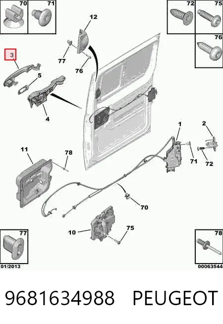 Maçaneta externa direita da porta lateral (deslizante) 9681634988 Peugeot/Citroen