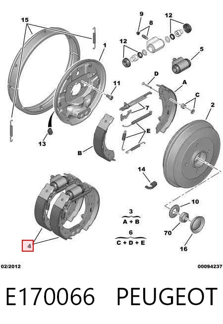 Sapatas do freio traseiras de tambor, montadas com cilindros, kit E170066 Peugeot/Citroen