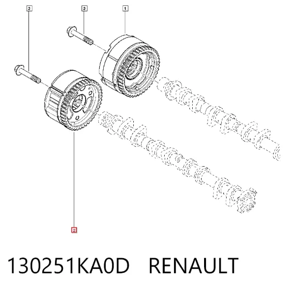 Engrenagem de cadeia de roda dentada da árvore distribuidora de escape de motor 130251KA0D Renault (RVI)