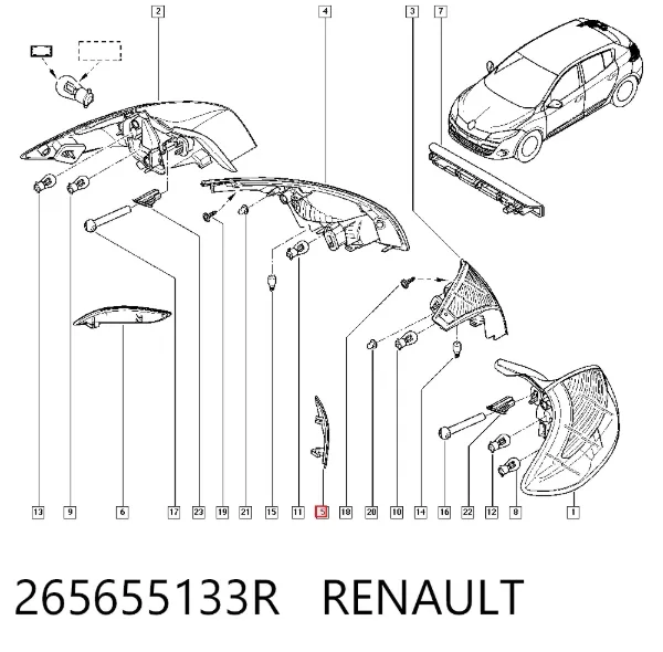 Retrorrefletor (refletor) do pára-choque traseiro esquerdo 265655133R Renault (RVI)