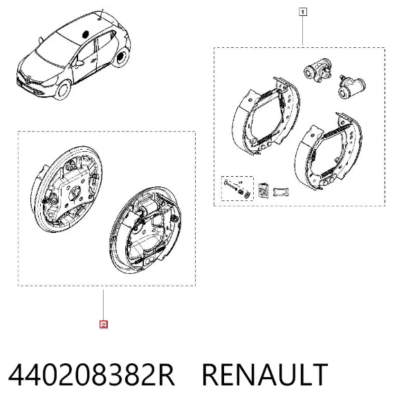 Sapatas do freio traseiras de tambor, montadas com cilindros, kit 440208382R Renault (RVI)