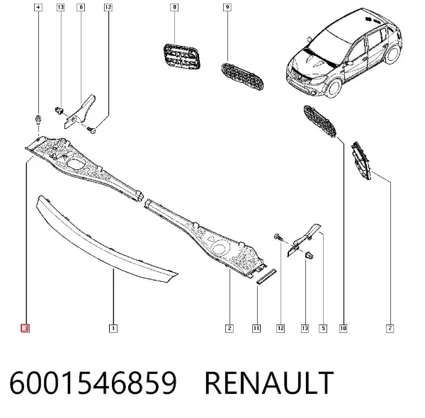 Grelha direita de limpadores de pára-brisa 6001546859 Renault (RVI)