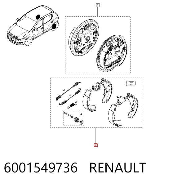 Sapatas do freio traseiras de tambor, montadas com cilindros, kit 6001549736 Renault (RVI)