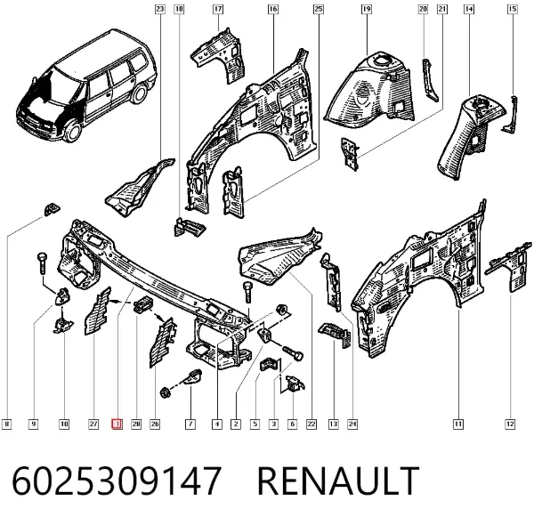 Suporte do radiador montado (painel de montagem de fixação das luzes) Renault Espace III