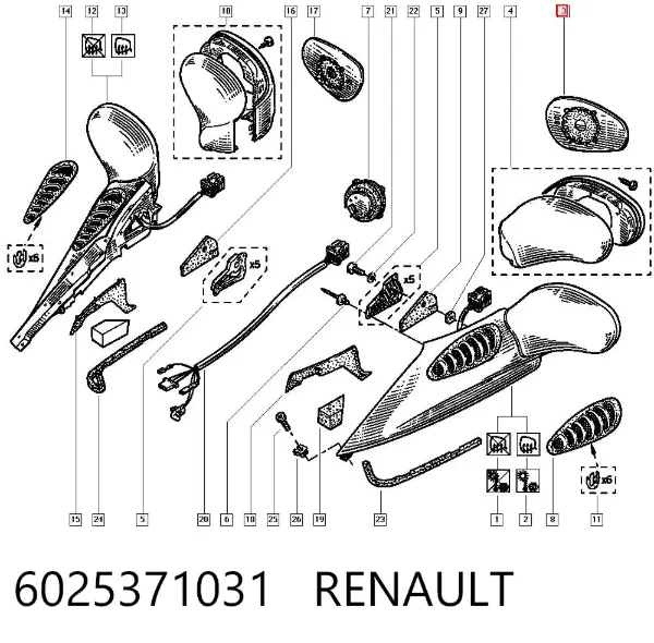 Elemento espelhado do espelho de retrovisão esquerdo 6025371031 Renault (RVI)