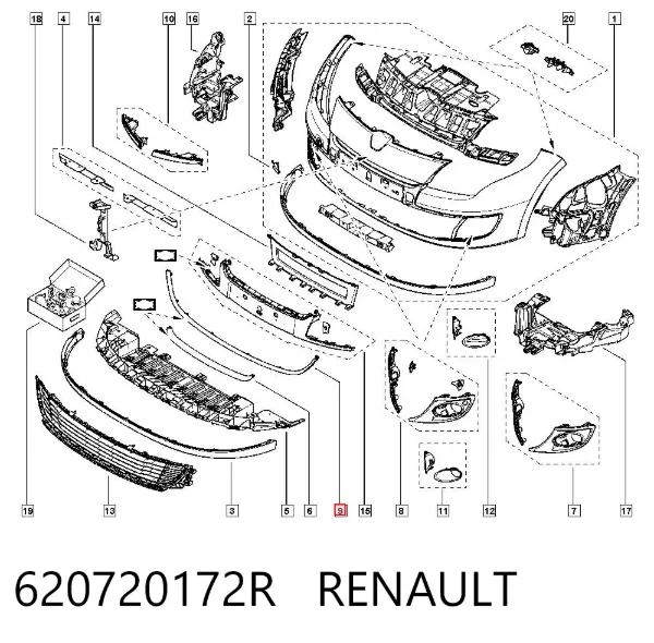 Moldura de grelha do pára-choque dianteiro 620720172R Renault (RVI)
