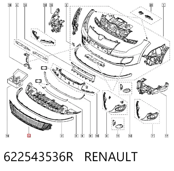 Grelha central do pára-choque dianteiro 622543536R Renault (RVI)