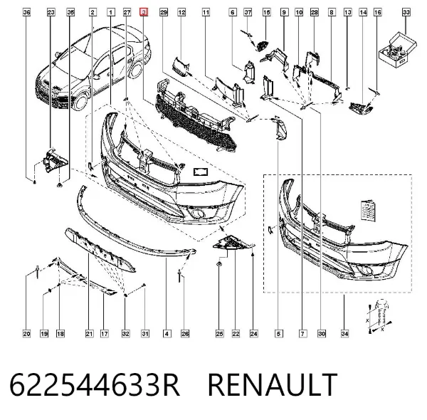 Grelha central do pára-choque dianteiro 622544633R Renault (RVI)
