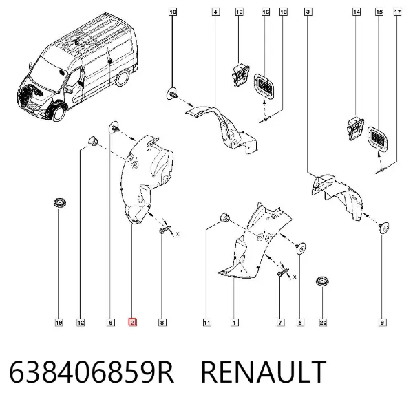 Guarda-barras direito dianteiro do pára-lama dianteiro 638406859R Renault (RVI)