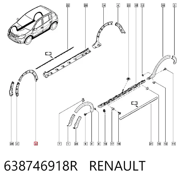 Expansor (placa sobreposta) de arco do pára-lama dianteiro direito 638746918R Renault (RVI)