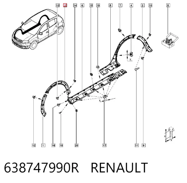 Expansor (placa sobreposta) de arco do pára-lama dianteiro direito 638747990R Renault (RVI)