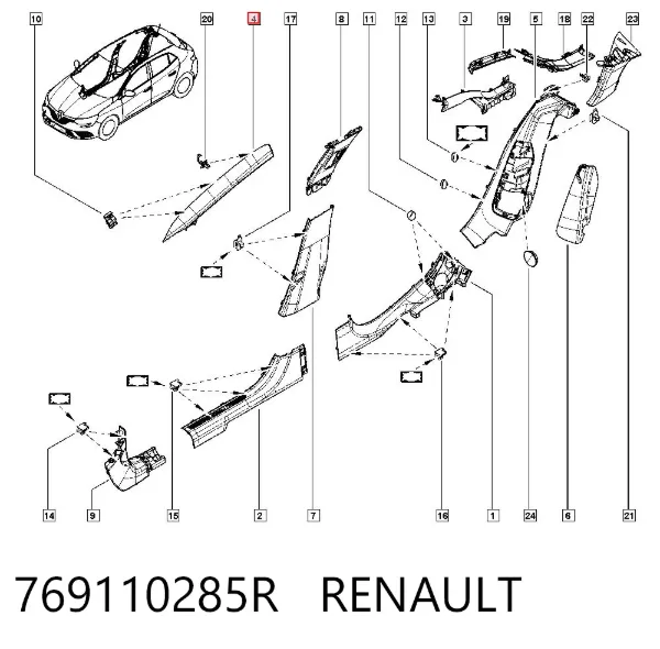 Revestimento interno dianteiro direito de suporte de carroçaria 769110285R Renault (RVI)