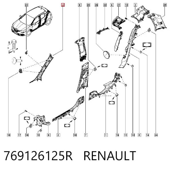 Revestimento interno dianteiro esquerdo de suporte de carroçaria 769126125R Renault (RVI)