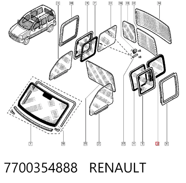 Vidro de carroçaria (da seção de bagagem) esquerdo 7700354888 Renault (RVI)