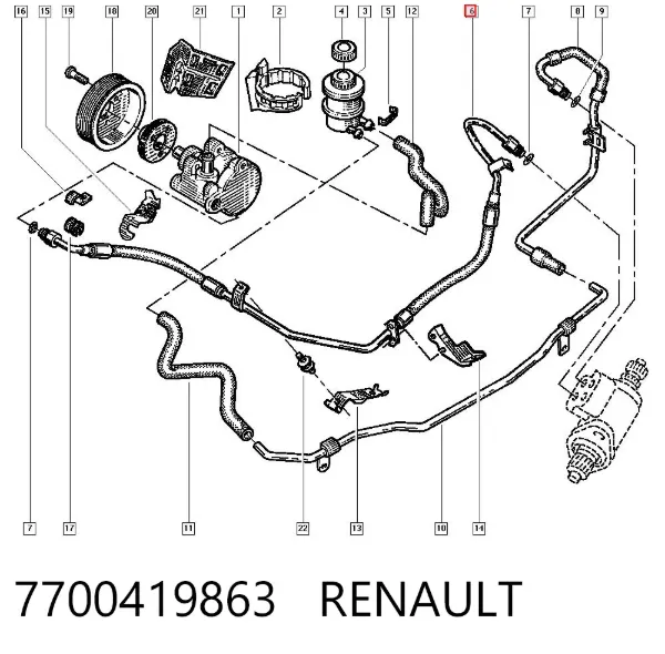 Mangueira da Direção hidrâulica assistida de pressão alta desde a bomba até a régua (do mecanismo) 7700419863 Renault (RVI)