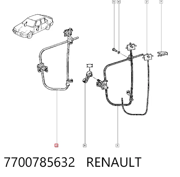 Mecanismo de acionamento de vidro da porta dianteira direita Renault 19 I