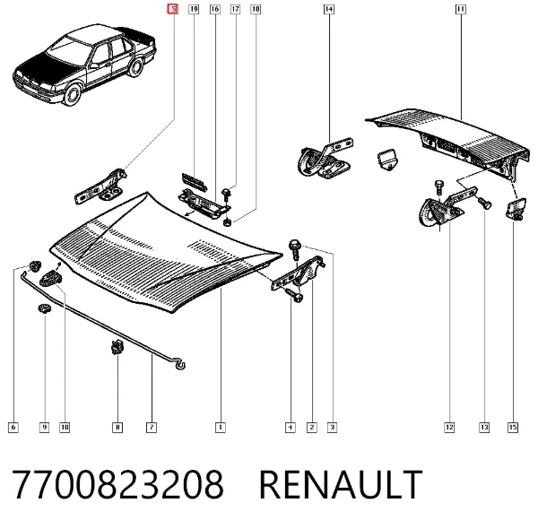Gozno da capota direito 7700823208 Renault (RVI)