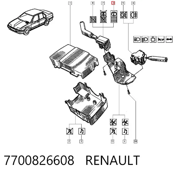 Comutador direito instalado na coluna da direção 7700826608 Renault (RVI)