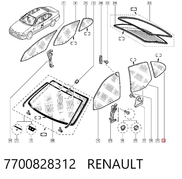 Vidro de janelo da porta traseira esquerda 7700828312 Renault (RVI)
