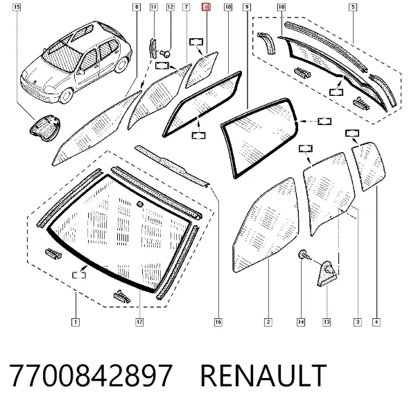 Vidro de janelo da porta traseira direita 7700842897 Renault (RVI)
