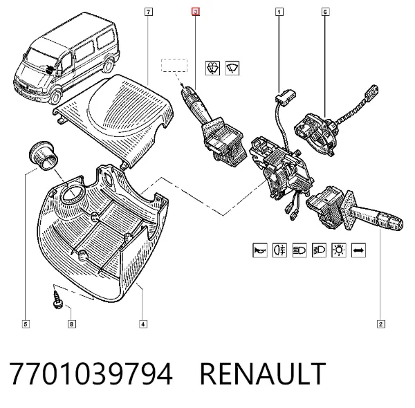 Comutador direito instalado na coluna da direção 7701039794 Renault (RVI)