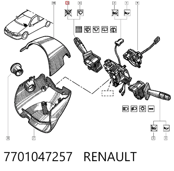 Comutador direito instalado na coluna da direção 7701047257 Renault (RVI)