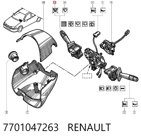 Comutador direito instalado na coluna da direção 7701047263 Renault (RVI)