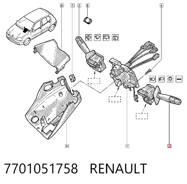 Comutador esquerdo instalado na coluna da direção 7701051758 Renault (RVI)