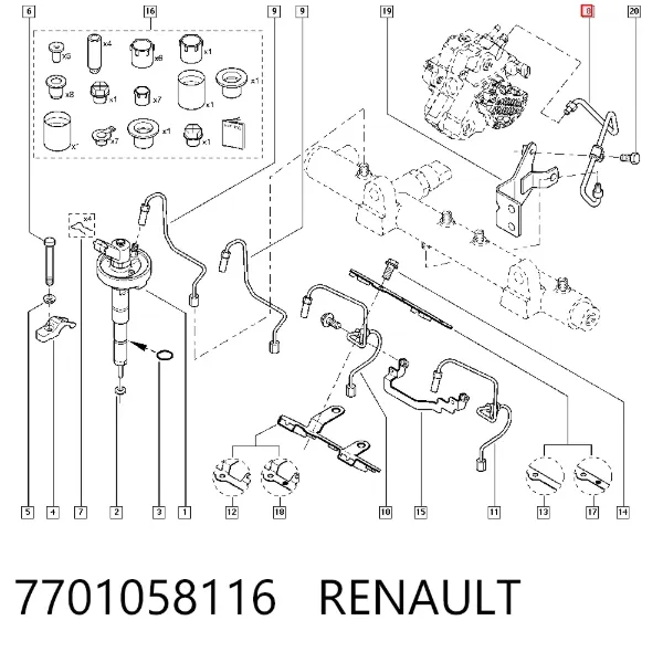 Tubo de combustível, desde a Bomba de Combustível de Pressão Alta até a sonda de combustível 7701058116 Renault (RVI)
