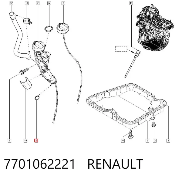 Anel de vedação da guia de sonda do nível de óleo de motor 7701062221 Renault (RVI)
