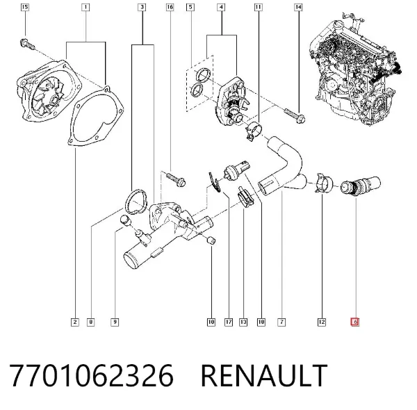 Mangueira (cano derivado) do sistema de esfriamento 7701062326 Renault (RVI)