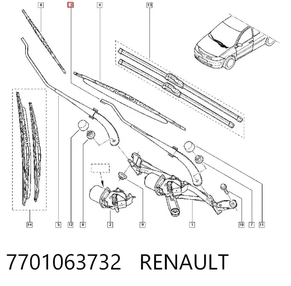 Braço de limpa-pára-brisas do pára-brisas 7701063732 Renault (RVI)