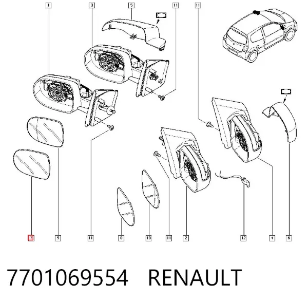 Elemento espelhado do espelho de retrovisão 7701069554 Renault (RVI)