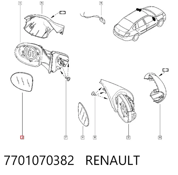 Elemento espelhado do espelho de retrovisão esquerdo 7701070382 Renault (RVI)