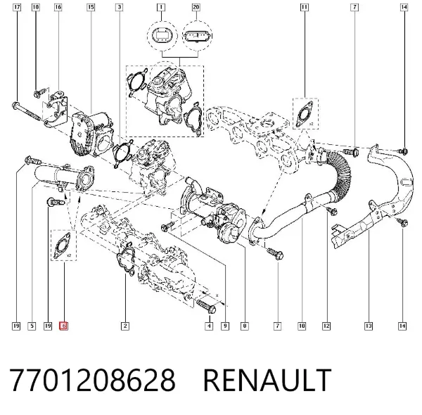 Vedante de refrigerador EGR do sistema de recirculação dos gases 7701208628 Renault (RVI)