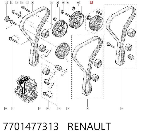 Engrenagem de cadeia de roda dentada da árvore distribuidora de admissão de motor 7701477313 Renault (RVI)