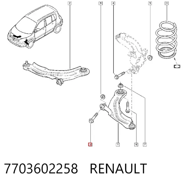 Parafuso de fixação de braço oscilante dianteiro 7703602258 Renault (RVI)