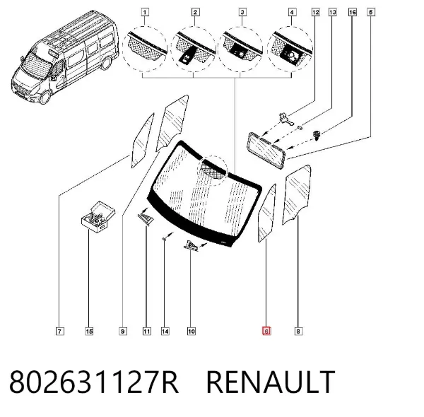 Vidro de janelo da porta dianteira esquerda 802631127R Renault (RVI)