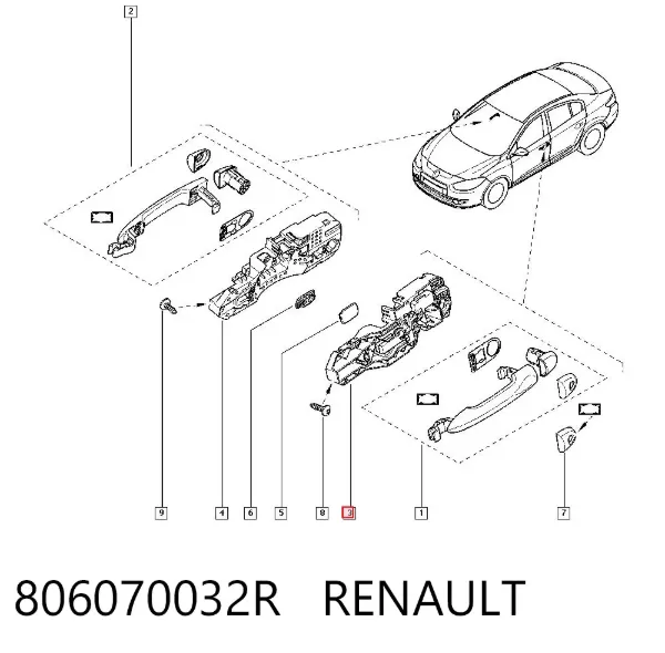 Suporte de maçaneta externa da porta traseira esquerda 806070032R Renault (RVI)