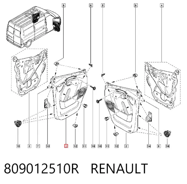 Revestimento (cobrimento) interno da porta dianteira esquerda 809012510R Renault (RVI)