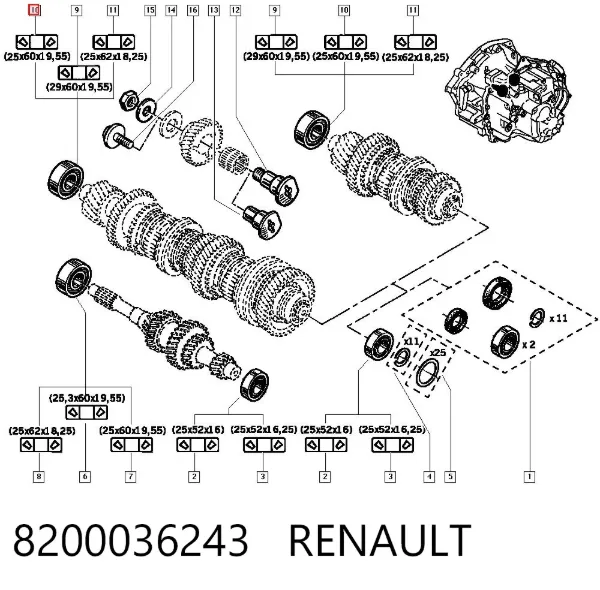 Rolamento da Caixa de Mudança 8200036243 Renault (RVI)