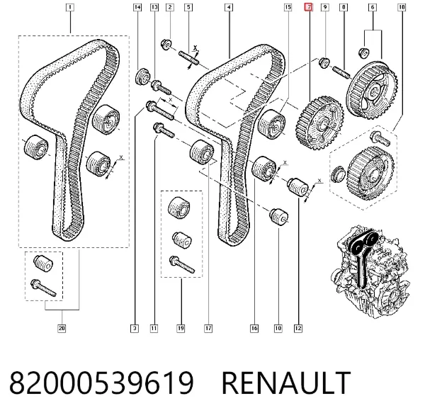 Engrenagem de cadeia de roda dentada da árvore distribuidora de admissão de motor 82000539619 Renault (RVI)