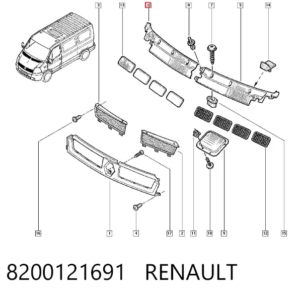 Grelha direita de limpadores de pára-brisa 8200121691 Renault (RVI)