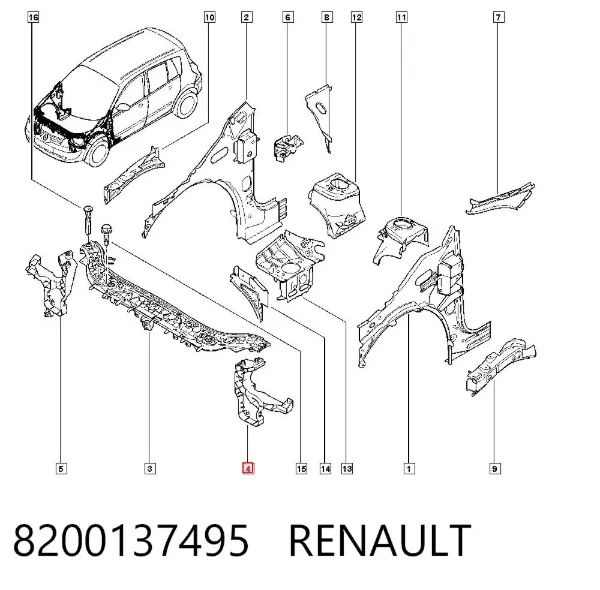 Suporte esquerdo do radiador (painel de montagem de fixação das luzes) 8200137495 Renault (RVI)