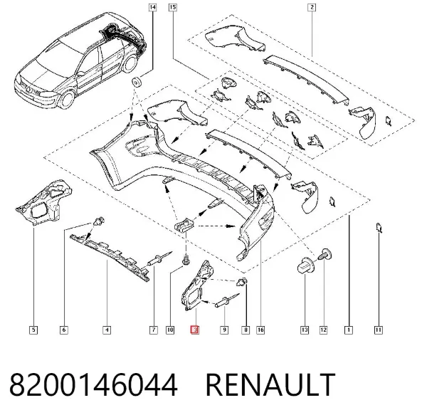 Consola esquerda do pára-choque traseiro 8200146044 Renault (RVI)