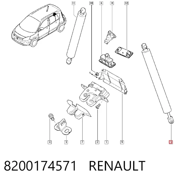Amortecedor de tampa de porta-malas (de 3ª/5ª porta traseira) 8200174571 Renault (RVI)