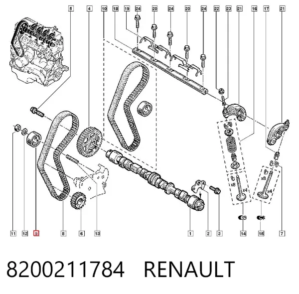 Rolo de reguladora de tensão da correia do mecanismo de distribuição de gás 8200211784 Renault (RVI)