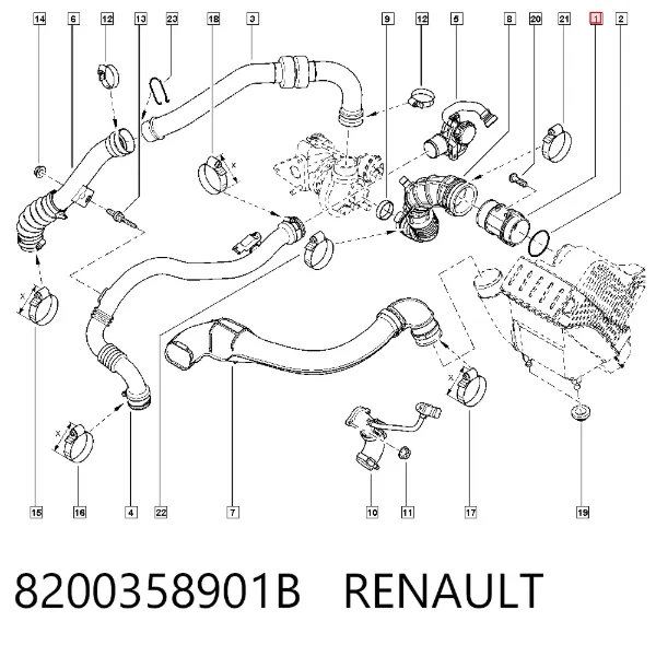 Sensor de fluxo (consumo) de ar, medidor de consumo M.A.F. - (Mass Airflow) 8200358901B Renault (RVI)