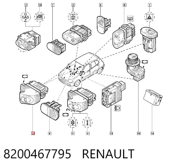 Botão dianteiro direito de ativação de motor de acionamento de vidro 8200467795 Renault (RVI)