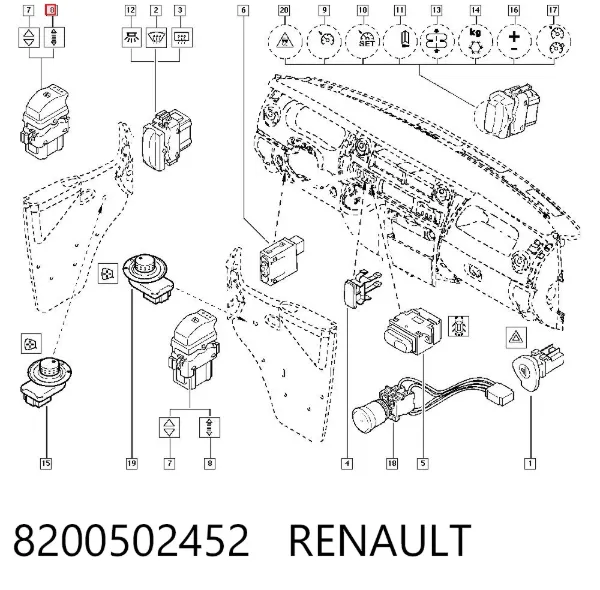 Botão dianteiro esquerdo de ativação de motor de acionamento de vidro 8200502452 Renault (RVI)
